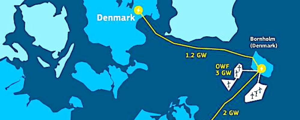 Energiö Bornholm återupptas. Danmark bidrar med cirka 42 miljarder kronor medan Tyskland finansierar 70 procent av stödet till havsvind. Karta: Energiö-projektet