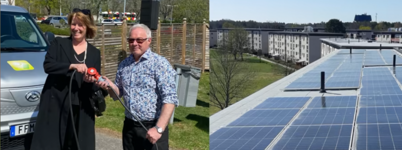 Johanna Frelin, vd Riksbyggen och Håkan Johansson, ordförande i Brf Opalen kopplar symboliskt ihop anläggningen.