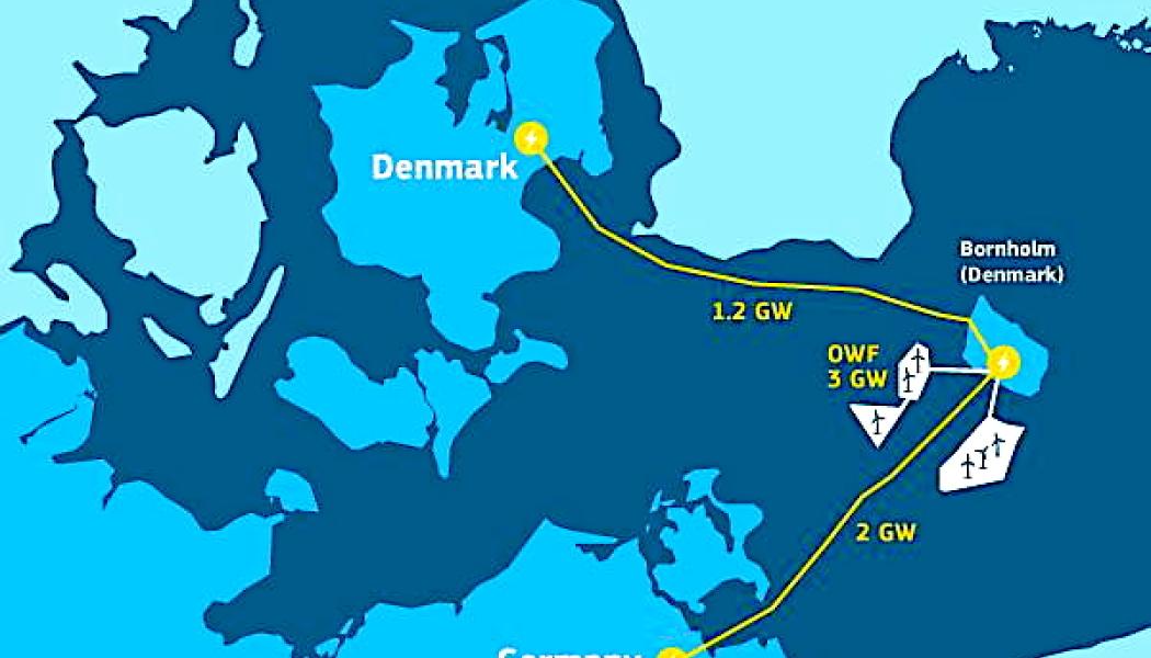 Energiö Bornholm återupptas. Danmark bidrar med cirka 42 miljarder kronor medan Tyskland finansierar 70 procent av stödet till havsvind. Karta: Energiö-projektet