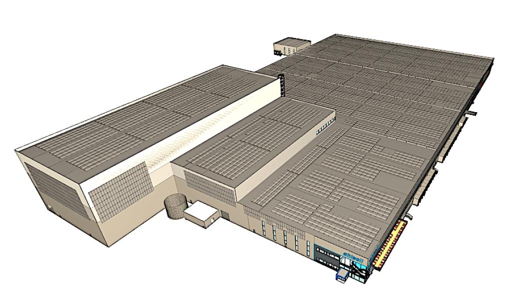 Solceller modellerade på tak och fasader av Solcellsspecialisten på fastigheten under utveckling av LC. Illustration: Solcellsspecialisten.  