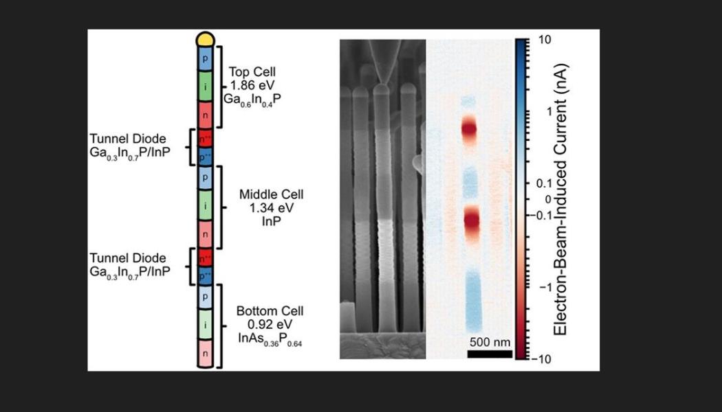 Nanotrådar i tre material avbildade av ett svepelektronmikroskop. En tråd är tusen gånger tunnare än ett hårstrå. Den röda och blå färgen visar strömriktning och att nanotrådarna fungerar som en tandemsolcell. Källa: Lunds universitet