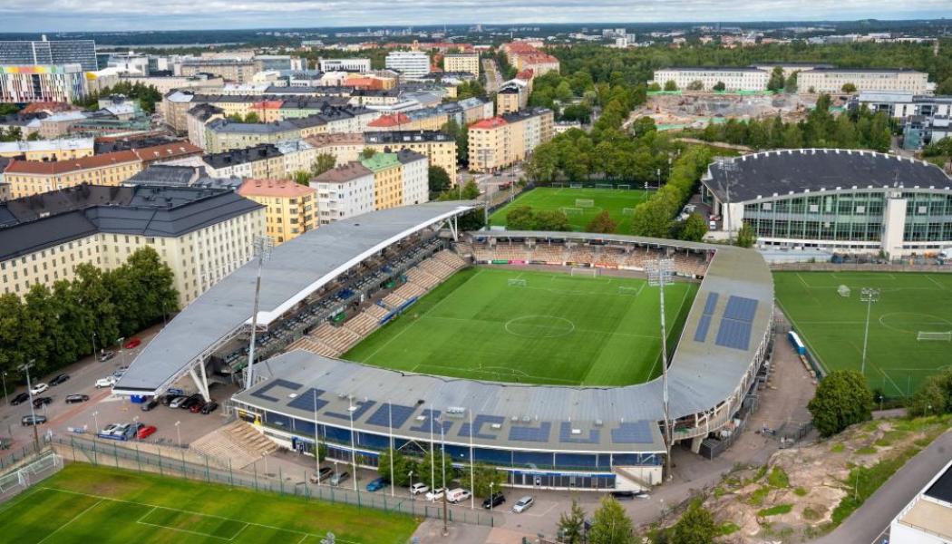 Bolt Arena i Helsingfors blir Finlands första solenergidrivna fotbollsstadion tack vare samarbetet mellan idrottsklubben HJK, Lumme Energia och dess dotterbolag Solarigo Systems. Foto: Lumme Energia