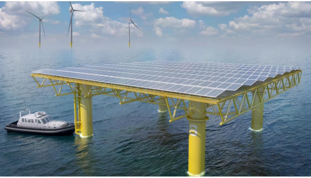 Det marina flytande konceptet för solpaneler, Seavolt, håller på att patenteras av de belgiska partnerna Jan De Nul, Tractebel och DEME.  Fotokredit: Seavolt