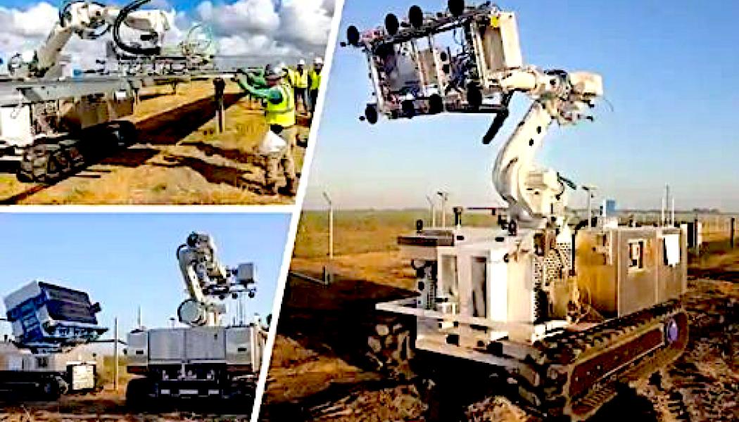 De två Paneltransportrobotarna sköter transporten av solpaneler från lastningsområdet till installationsplatsen. På så sätt säkras ett jämnt flöde av paneler utan driftstopp. Foton: Robotics-företaget ULC Technologies