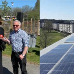 Johanna Frelin, vd Riksbyggen och Håkan Johansson, ordförande i Brf Opalen kopplar symboliskt ihop anläggningen.